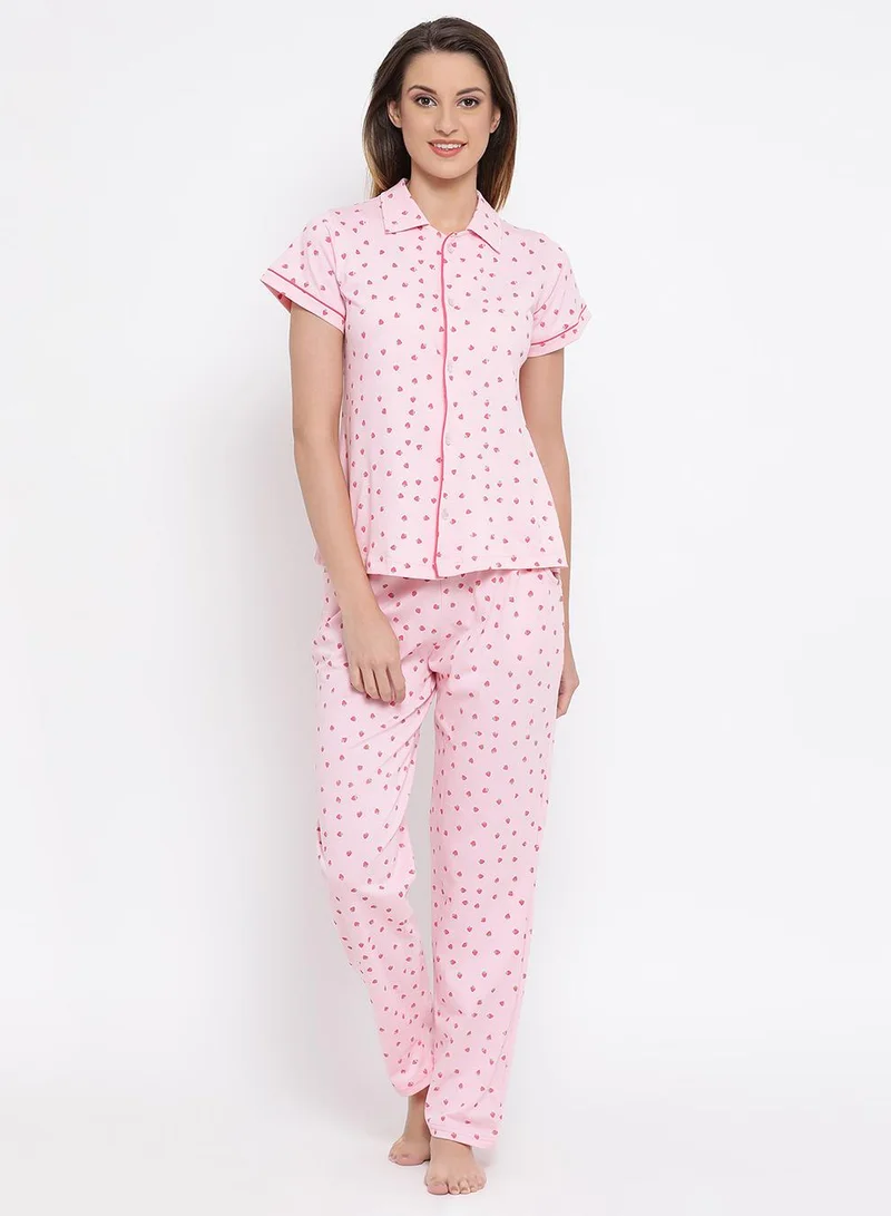 كلوفيا Strawberry Print Button Down Night Suit in Baby Pink - 100% Cotton